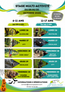 Affiche du stage multi-activités vacances d'octobre 2026 de Vézère Passion, du 26 au 30 octobre, pour les 6-17 ans, à partir de 15 € la séance.